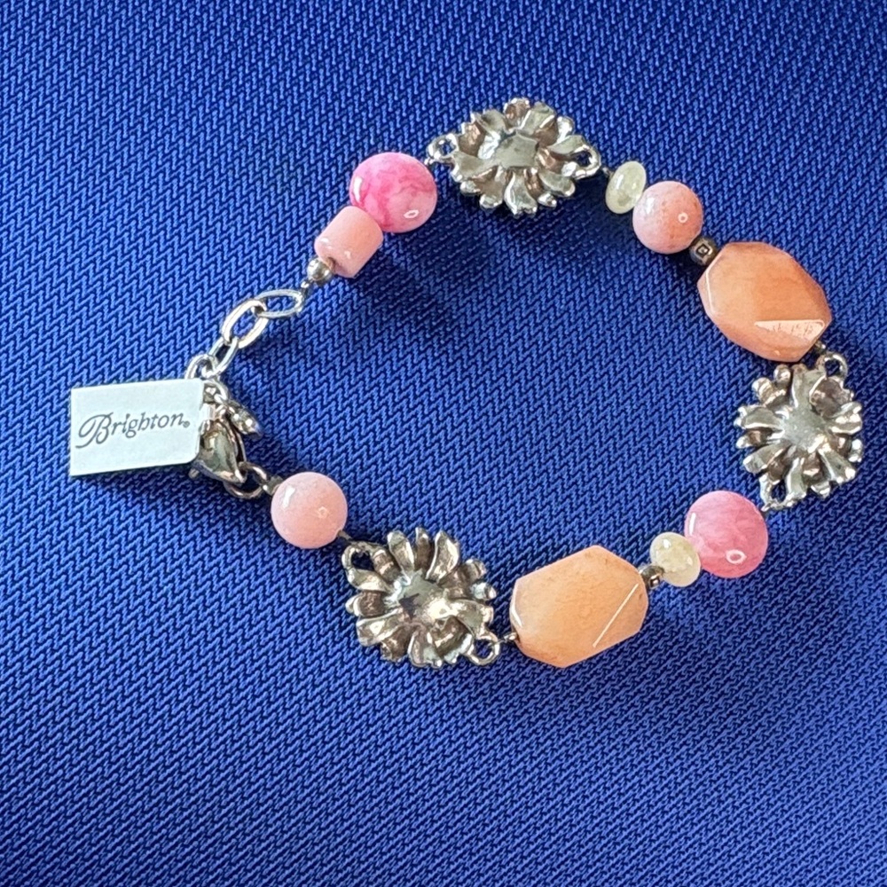 RARE NWT Brighton Daisy Pink Peach Bead Bracelet Silver Gold Flowers Heart Clasp - Picture 2 of 4